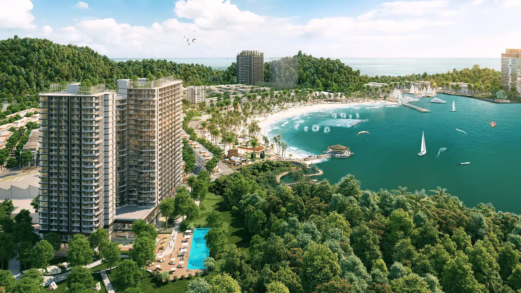 Toàn cảnh dự án Xanh Island Cát Bà với bãi tắm nhân tạo và các tiện ích hiện đại.