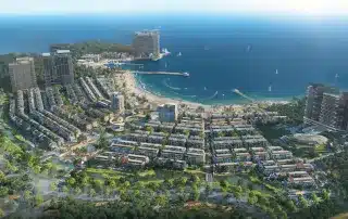 Toàn cảnh dự án Xanh Island Cát Bà với thiết kế hiện đại và vị trí đắc địa tại Vịnh trung tâm Cát Bà.