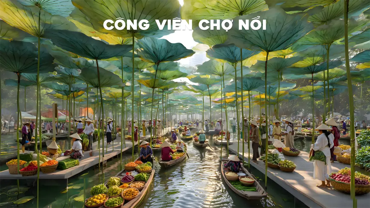 Chợ nổi sôi động dưới tán lá sen khổng lồ, nơi buôn bán tấp nập và nhộn nhịp của người dân địa phương.